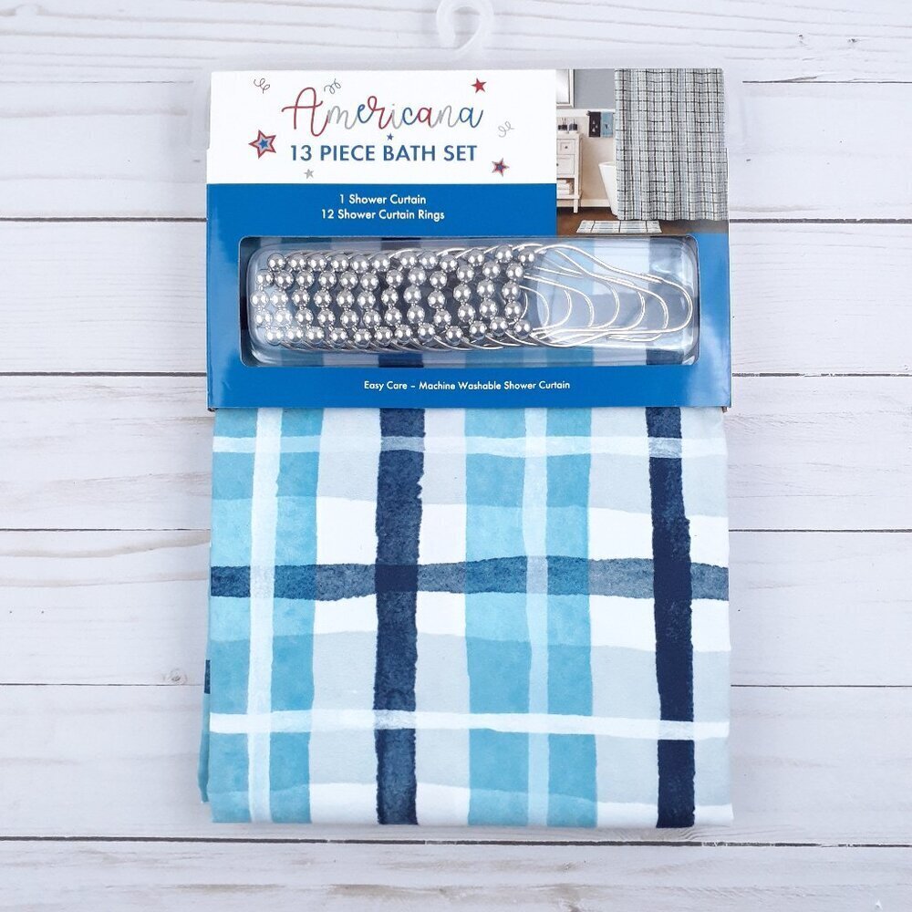 Fabric Shower Curtain Plaid Blue Gray 70x72 Lake Watercolor Hooks Included